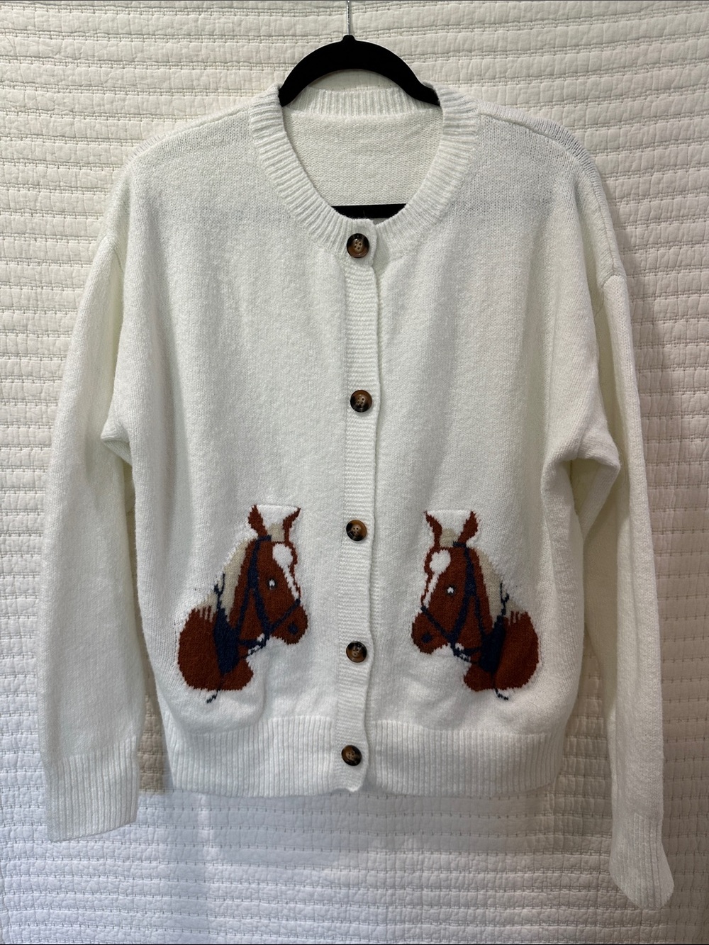 White Knit Button-Up Sweater Cardigan with Horse Motif